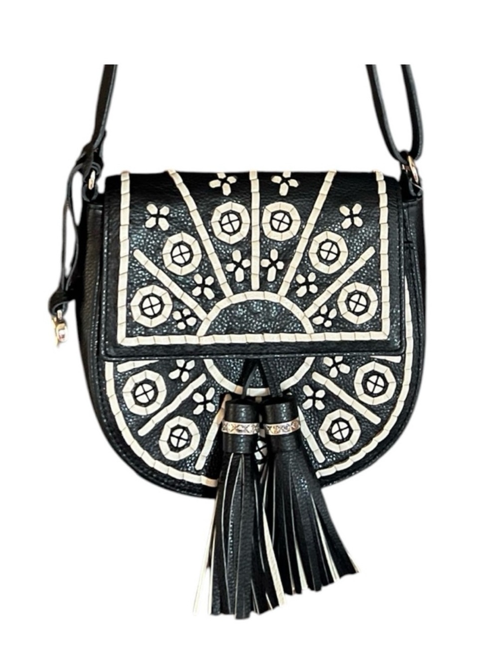 Brighton Casablanca  Black Crossbody Bag with White Embroidery and Tassel